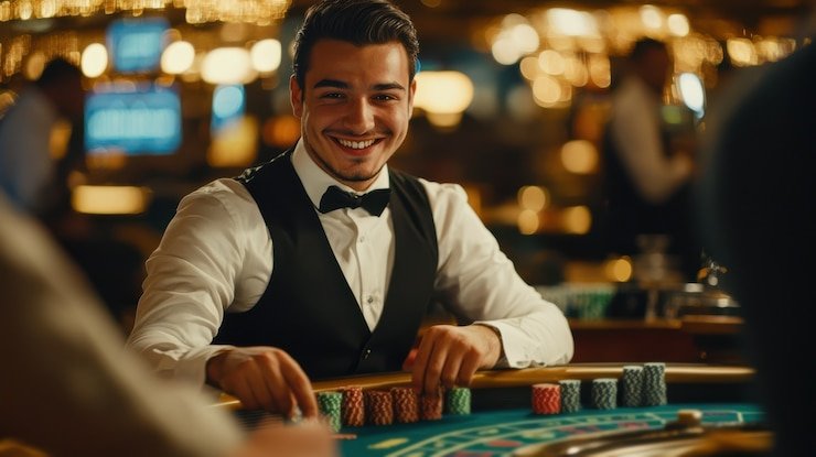 First Goal blackjack table interface on mobile phone showing dealer, cards, betting area, and chat
